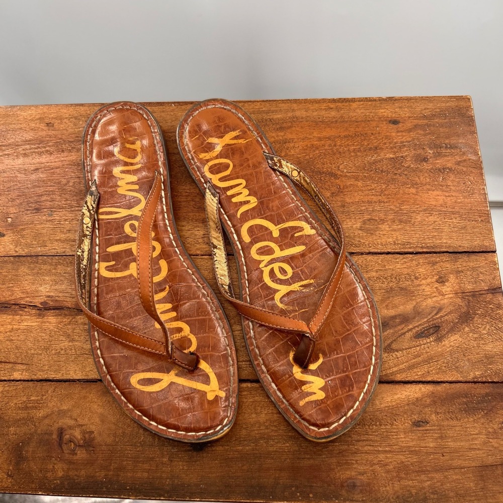 Sam Edelman Gigi Brown Crocodile Embossed Leather Thong Sandals Flat Women 8.5
